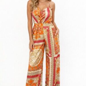 Dynamite Gucci Inspired Satin Wide-Leg Jumpsuit with gold orange and pink blend